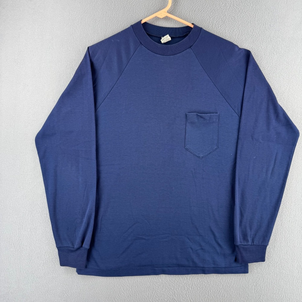 Vintage 60s 70s Campus Shirt Mens Large Blue Long Sleeve Pocket Tee 50/50 Blend